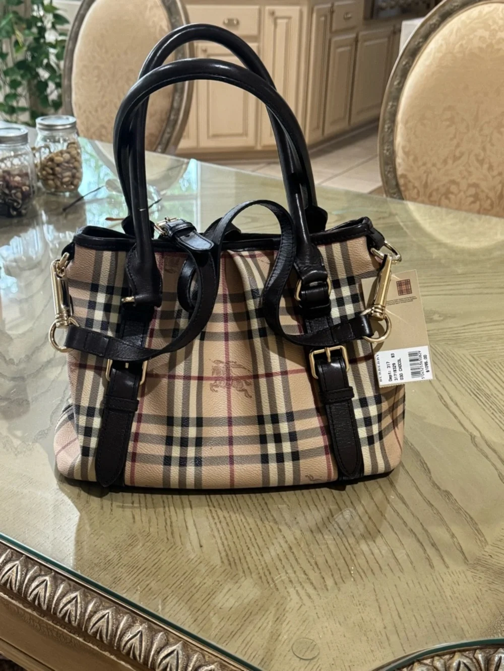 Burberry Beige Plaid Satchel with Black Leather Trim - Picture 3 of 3